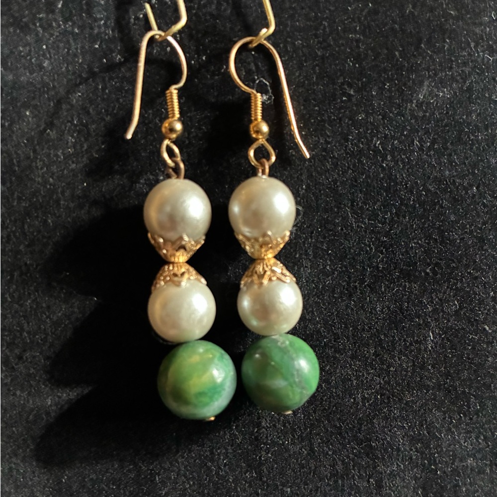 Jade & Grey Pearl Beaded Earrings w/ Gold